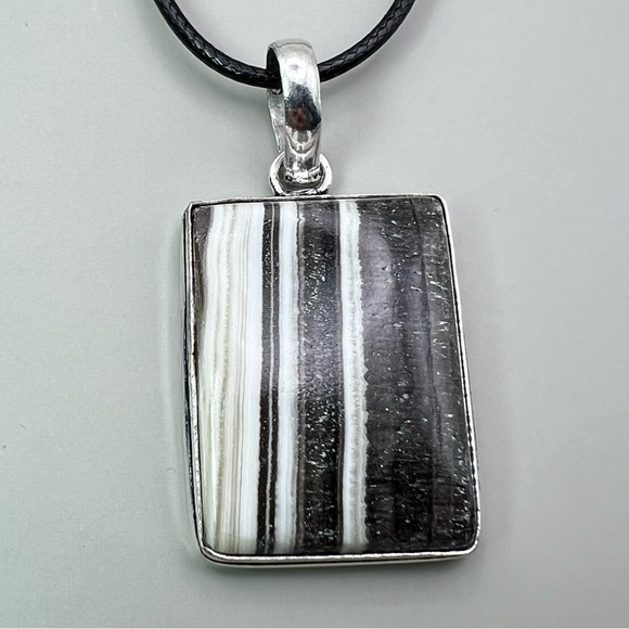 New Zebra Calcite Stone Silver Overlay Pendant Necklace with Cord - Picture 2 of 6